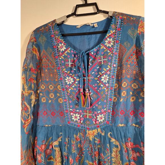 Soft Surroundings Dress XL Blue Mirapani Prairie Tiered Boho Embroidered Maxi - Picture 5 of 13